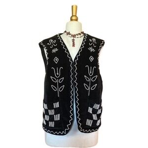 Zara Winter Wardrobe 23 Boho Western Black Velvet Beaded Floral Tribal Vest L-XL